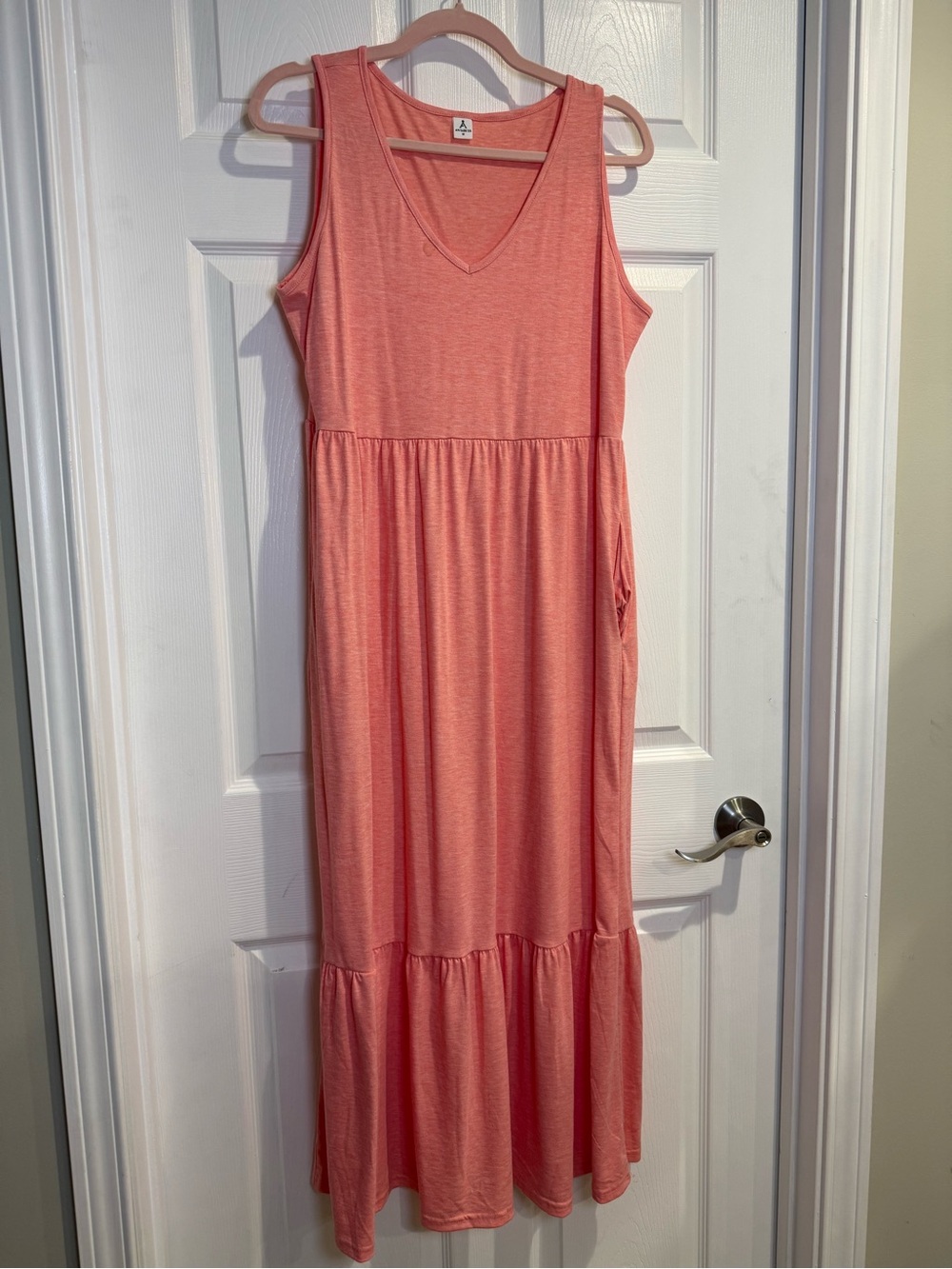 Sleeveless Coral V-Neck Midi Dress with Tiered Skirt